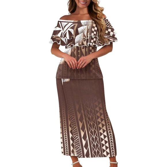 Polynesian Puletasi 2pc Dress Set Women's Ruffle Off Shoulder Maxi Casual - Picture 1 of 6